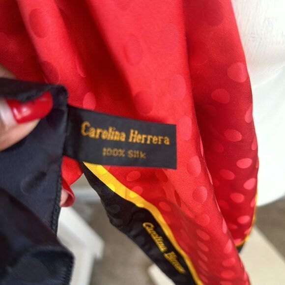 CAROLINA HERRERA Vintage Red Black Yellow Polka Dot Embossed 100% Silk Scarf - Picture 5 of 6